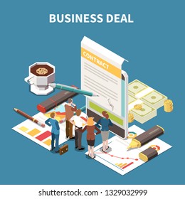 Business strategy isometric composition with business deal description and the team brainstorming session vector illustration