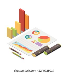 Business strategy isometric composition with isolated different elements and icons on the theme with abstract compositions vector illustration