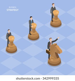 Business strategy isometric flat vector concept. Businessmen guide chess figures, one on horse leads others.