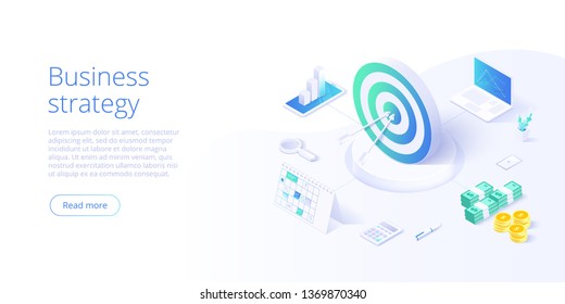 Business Strategy Isometric Vector Illustration. Data Analytics For Company Marketing Solutions Or Financial Performance. Budget Accounting Or Statistics Concept.