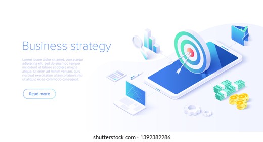 Business Strategy Isometric Vector Illustration. Data Analytics For Company Marketing Solutions Or Financial Performance. Budget Accounting Or Statistics Concept.