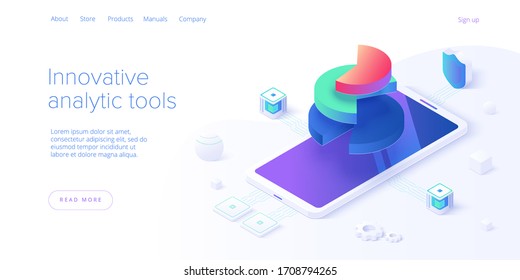 Business strategy isometric vector illustration. Data analytics for company marketing solutions or financial performance. Budget accounting or statistics concept. Website banner layout template.