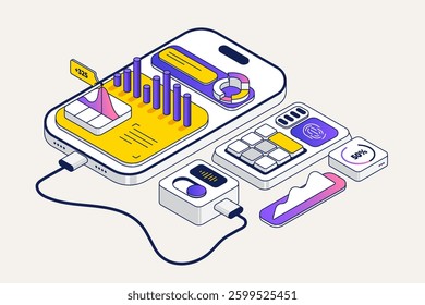 Business strategy isometric vector illustration. Data analytics for company marketing solutions or financial performance. Budget accounting or statistics concept.