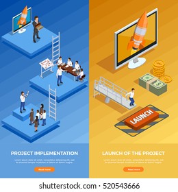 Business strategy isometric vertical banners with stages of planning and goal achievement vector illustration 