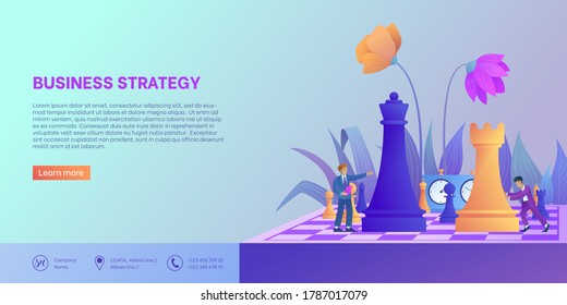 Business strategy landing page template. Businessman moves chess figure on chessboard with flower decoration. Concept of teamwork and planning. Tiny people in trendy style. Vector illustration