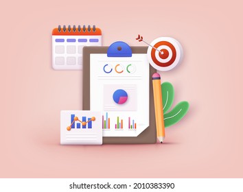 Business Strategy. Landing Page Template. Business Analysis, Content Strategy And Management Concept. 3D Web Vector Illustrations.