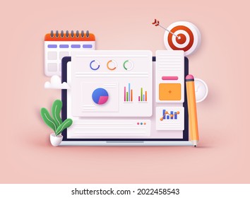 Business Strategy. Landing Page Template. Business Analysis, Content Strategy And Management Concept. 3D Web Vector Illustrations.