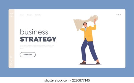 Business Strategy Landing Page Template. Cheerful Man Holding White Pawn Chess Figure in Hands. Win, Success, Checkmate Concept with Positive Male Character Playing Game. Cartoon Vector Illustration