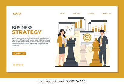 Business strategy landing page template concept. Vector illustration in flat style. Businessman and businesswoman with chess pieces.