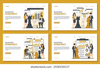 Business strategy landing page template concept. Vector illustration in flat style. Businessman and businesswoman with chess pieces.