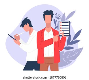 Business strategy or leader of company giving tasks. Businessman with checklist on clipboard. Management at work or questionnaire. Inspection and researches, questions and answers vector in flat style