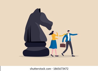 Business strategy, leadership and skill to solve business problem, make decision to achieve target concept, smart businessman leader pointing the direction with his colleague thinking and knight chess