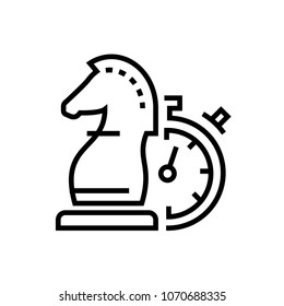 Business strategy - line design single isolated icon on white background. High quality minimalistic black pictogram, emblem. Chess knight with a timer behind. Strategic management concept