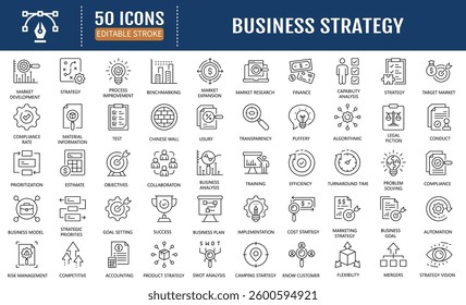 Business strategy line editable icon set. Containing as action list, research, solution, team, marketing, startup, advertising, business process, management, and more. Vector Illustration