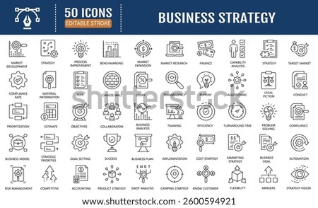 Business strategy line editable icon set. Containing as action list, research, solution, team, marketing, startup, advertising, business process, management, and more. Vector Illustration