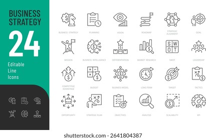 Business Strategy Line Editable Icons set. Vector illustration in modern thin line style of business related icons: planning, goal, tactics, and more. Isolated on transparent background.