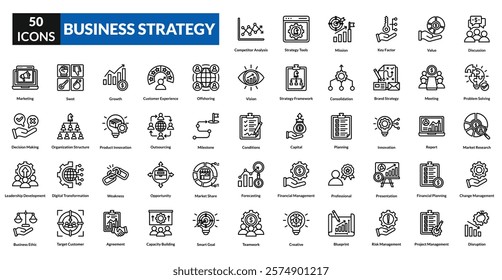 business strategy line icon collection set. Includes partnership,target,employment,trade,deal,contract,plan,marketing, project, idea