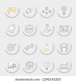 Conjunto de iconos de línea de estrategia de negocio, colección de símbolos financieros, bocetos vectoriales, botones de UX de interfaz de usuario neumórficos, iconos de estrategia, pictogramas lineales de signos de negocio