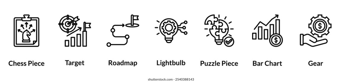 Symbolsatz für Geschäftsstrategie-Position. Schachfigur, Ziel, Roadmap, Glühbirne, Puzzleteil, Balkendiagramm, Getriebe