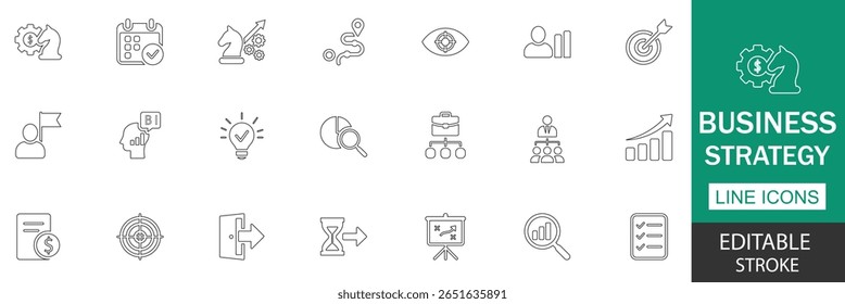 Business strategy line icon set. professional collection featuring growth, leadership, planning, goal setting, teamwork, marketing, finance, and strategy for success-driven projects.