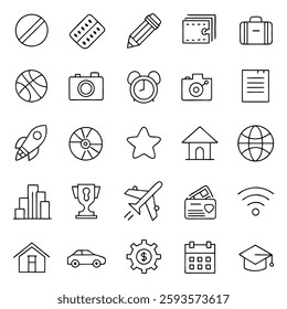 Business Strategy Line Icons, car battery, cargo truck, cloud management, cog, cyber eye, hand saw, house, house remodeling, manual book map location etc.