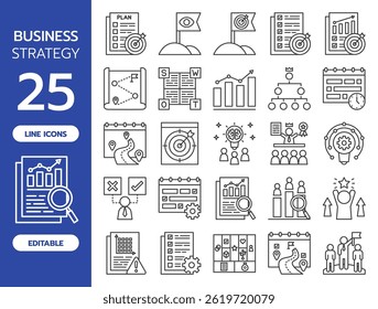 Business Strategy Line Icons. Includes 25 editable vector icons such as business plan, vision, KPI, SWOT analysis, growth chart, roadmap, target, leadership, innovation, market research, and more.