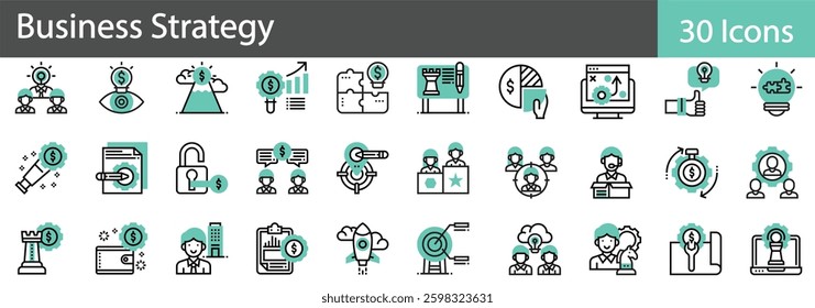 Business Strategy Line Icons Set. Collection of 30 outline icons representing corporate planning, growth strategies, and financial success. vector illustration.
