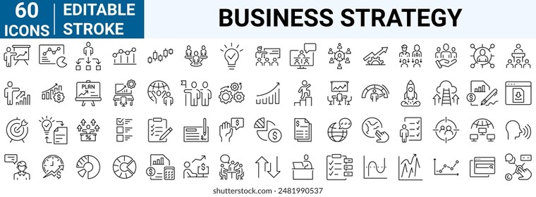 Iconos web de la línea de estrategia empresarial. Gestión empresarial. Visión, Misión, Valores, Recursos Humanos. Trazo editable.