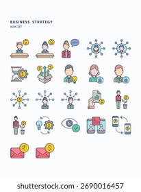 Estratégia de negócios conjunto de ícones de cores lineares, Sua incluindo ícones como Enterprise, bate-papo e gerente