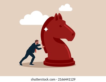 Business strategy and logics concept. Smart entrepreneur moving horse, playing game. Flat vector illustration isolated.