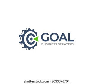 Business strategy logo design.  Arrows aim and business success vector design. Gear wheel with dartboard and arrow logotype