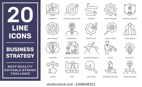 Business Strategy and Management icons set. Thin Line Set contains Vision, Mission, Values, Strategy, Rating, Human Resource, Roadmap, Experience and more. Editable Stroke. EPS 10