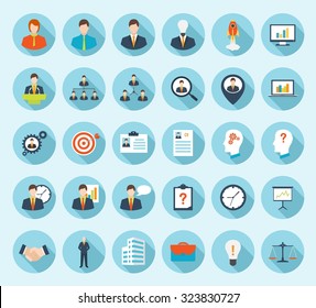 Business, strategy, management and marketing, office, people and human resources colorful flat design icons set. template elements for web and mobile applications