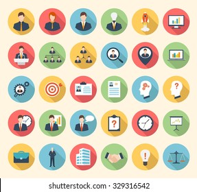 Business, strategy, management and marketing, office, people and human resources colorful flat design icons set. template elements for web and mobile applications