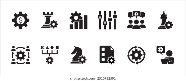 Estrategia de negocio, gestión, configuración, investigación y conjunto de iconos de Plan. Contiene iconos o símbolo de hombre de negocios, equipo, discusión, reunión, escenario, caballero de ajedrez, obispo, torre. Diseño gráfico de línea delgada plana