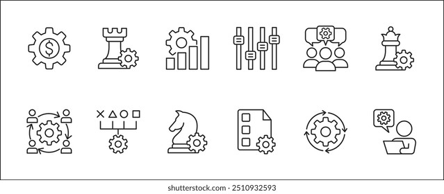 Estrategia de negocio, gestión, configuración, investigación y conjunto de iconos de Plan. Contiene iconos o símbolo de hombre de negocios, equipo, discusión, reunión, escenario, caballero de ajedrez, obispo, torre. Diseño gráfico de línea delgada plana