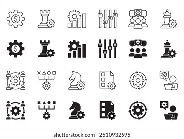 Estrategia de negocio, gestión, configuración, investigación y conjunto de iconos de Plan. Contiene iconos o símbolo de hombre de negocios, equipo, discusión, reunión, escenario, caballero de ajedrez, obispo, torre. Diseño gráfico de línea delgada plana