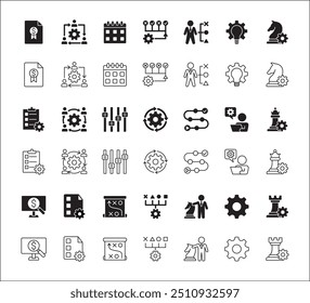 Estrategia de negocio, gestión, configuración, investigación y conjunto de iconos de Plan. Contiene iconos o símbolo de hombre de negocios, equipo, discusión, reunión, escenario, caballero de ajedrez, obispo, torre. Diseño gráfico de línea delgada plana