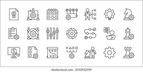 Estrategia de negocio, gestión, configuración, investigación y conjunto de iconos de Plan. Contiene iconos o símbolo de hombre de negocios, equipo, discusión, reunión, escenario, caballero de ajedrez, obispo, torre. Diseño gráfico de línea delgada plana