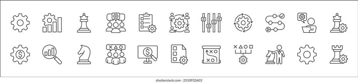 Estrategia de negocio, gestión, configuración, investigación y conjunto de iconos de Plan. Contiene iconos o símbolo de hombre de negocios, equipo, discusión, reunión, escenario, caballero de ajedrez, obispo, torre. Diseño gráfico de línea delgada plana