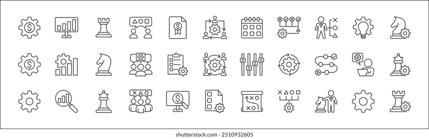 Estrategia de negocio, gestión, configuración, investigación y conjunto de iconos de Plan. Contiene iconos o símbolo de hombre de negocios, equipo, discusión, reunión, escenario, caballero de ajedrez, obispo, torre. Diseño gráfico de línea delgada plana