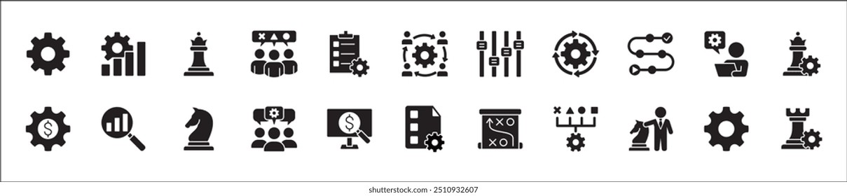 Estrategia de negocio, gestión, configuración, investigación y conjunto de iconos de Plan. Contiene iconos o símbolo de hombre de negocios, equipo, discusión, reunión, escenario, caballero de ajedrez, obispo, torre. Diseño gráfico de línea delgada plana