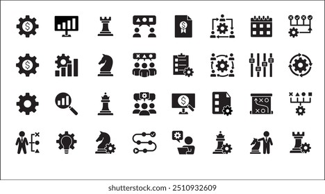 Estrategia de negocio, gestión, configuración, investigación y conjunto de iconos de Plan. Contiene iconos o símbolo de hombre de negocios, equipo, discusión, reunión, escenario, caballero de ajedrez, obispo, torre. Diseño gráfico de línea delgada plana