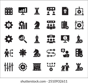 Estrategia de negocio, gestión, configuración, investigación y conjunto de iconos de Plan. Contiene iconos o símbolo de hombre de negocios, equipo, discusión, reunión, escenario, caballero de ajedrez, obispo, torre. Diseño gráfico de línea delgada plana