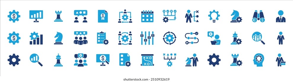 Estrategia de negocio, gestión, configuración, investigación y conjunto de iconos de Plan. Contiene iconos o símbolo de hombre de negocios, equipo, discusión, reunión, escenario, caballero de ajedrez, obispo, torre. Diseño gráfico de línea delgada plana