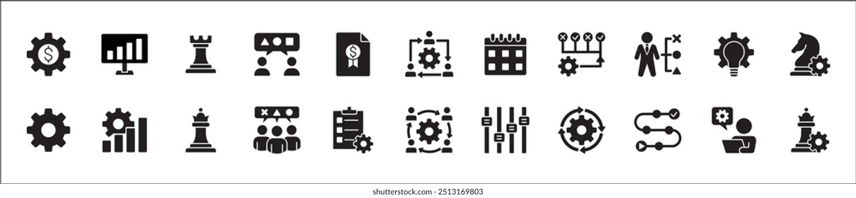 Estrategia de negocio, gestión, configuración, investigación y conjunto de iconos de Plan. Contiene iconos o símbolo de hombre de negocios, equipo, discusión, reunión, escenario, caballero de ajedrez, obispo, torre. Diseño gráfico de línea delgada plana