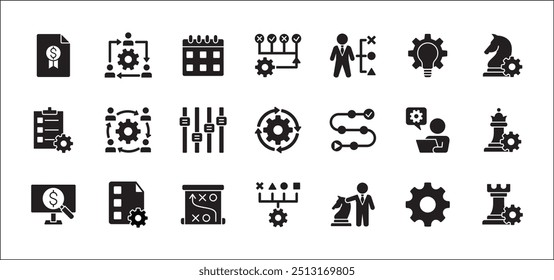 Estrategia de negocio, gestión, configuración, investigación y conjunto de iconos de Plan. Contiene iconos o símbolo de hombre de negocios, equipo, discusión, reunión, escenario, caballero de ajedrez, obispo, torre. Diseño gráfico de línea delgada plana