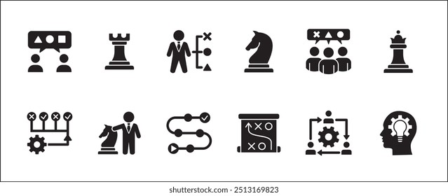 Estrategia de negocio, gestión, configuración, investigación y conjunto de iconos de Plan. Contiene iconos o símbolo de hombre de negocios, equipo, discusión, reunión, escenario, caballero de ajedrez, obispo, torre. Diseño gráfico de línea delgada plana