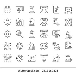 Estrategia de negocio, gestión, configuración, investigación y conjunto de iconos de Plan. Contiene iconos o símbolo de hombre de negocios, equipo, discusión, reunión, escenario, caballero de ajedrez, obispo, torre. Diseño gráfico de línea delgada plana