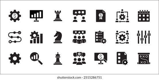 Estrategia de negocio, gestión, configuración, investigación y conjunto de iconos de Plan. Contiene iconos o símbolo de hombre de negocios, equipo, discusión, reunión, escenario, caballero de ajedrez, obispo, torre. Diseño gráfico de línea delgada plana